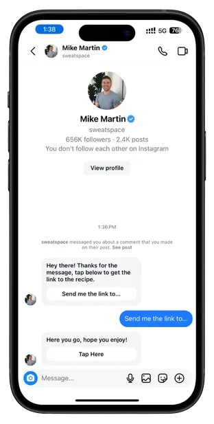 Instagram DM from a creator with a tap-to-shop recipe link
