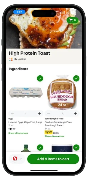 A creator recipe's ingredient list on Instacart, with specific branded products selected for each ingredient